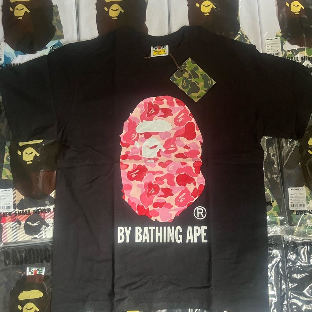 Bape Black Tee with Pink Camo Ape Head